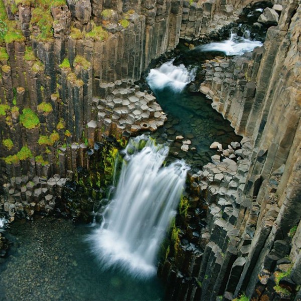 Icelandic waterfall litlanesfoss - columnar jointed basalt